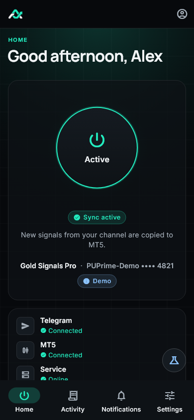 AutoTrader interface with simulated data, showing signal copying and a connected demo MT5 account