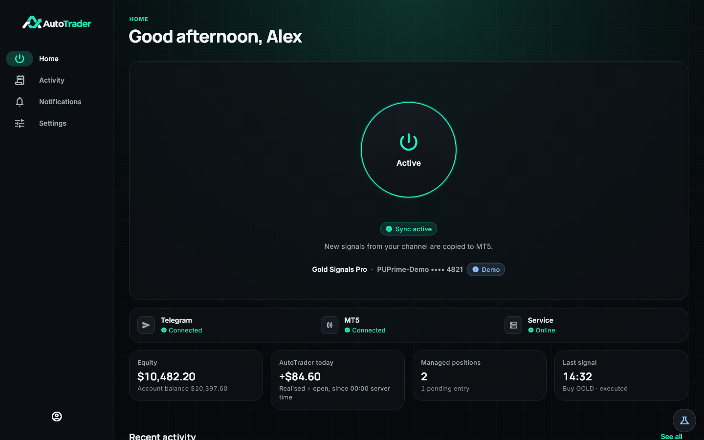 AutoTrader home screen with simulated data, active copying, connection status and activity